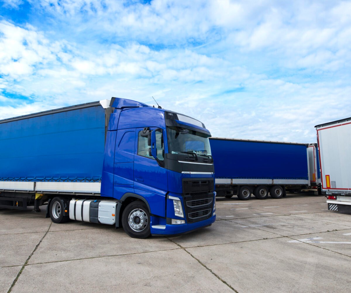 Truck vehicle with trailers in background.